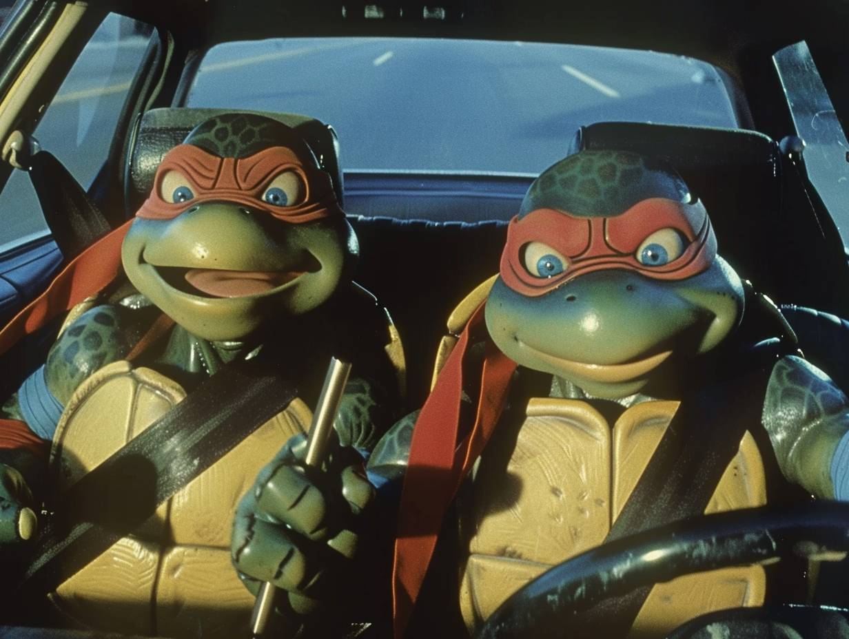 A scene from the 1980s cartoon Teenage Mutant Ninja Turtles, depicting two four-year-old boys in the backseat of a car, in the style of vintage animation.