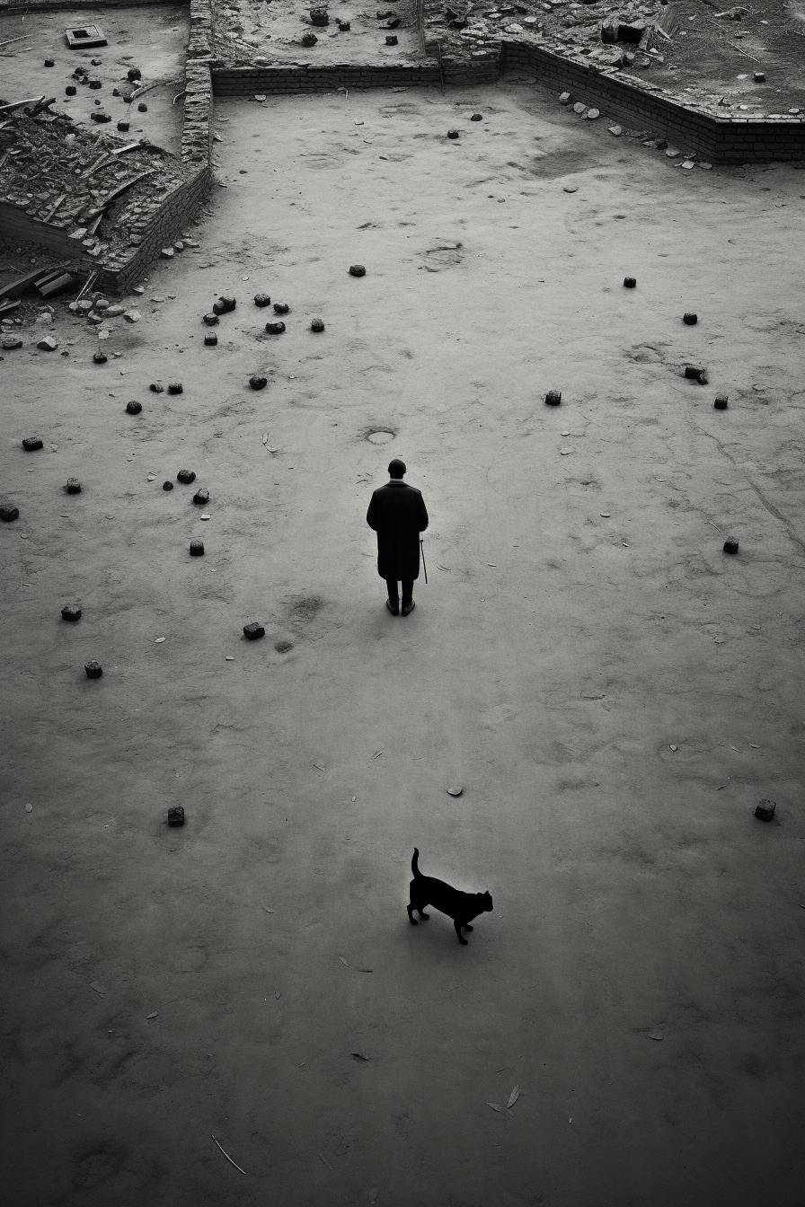 アンリ·カルティエ-ブレソンの名作、単一の背景、黒猫、横を向いた男性、鳥瞰撮影、白黒写真、縦横比3:4