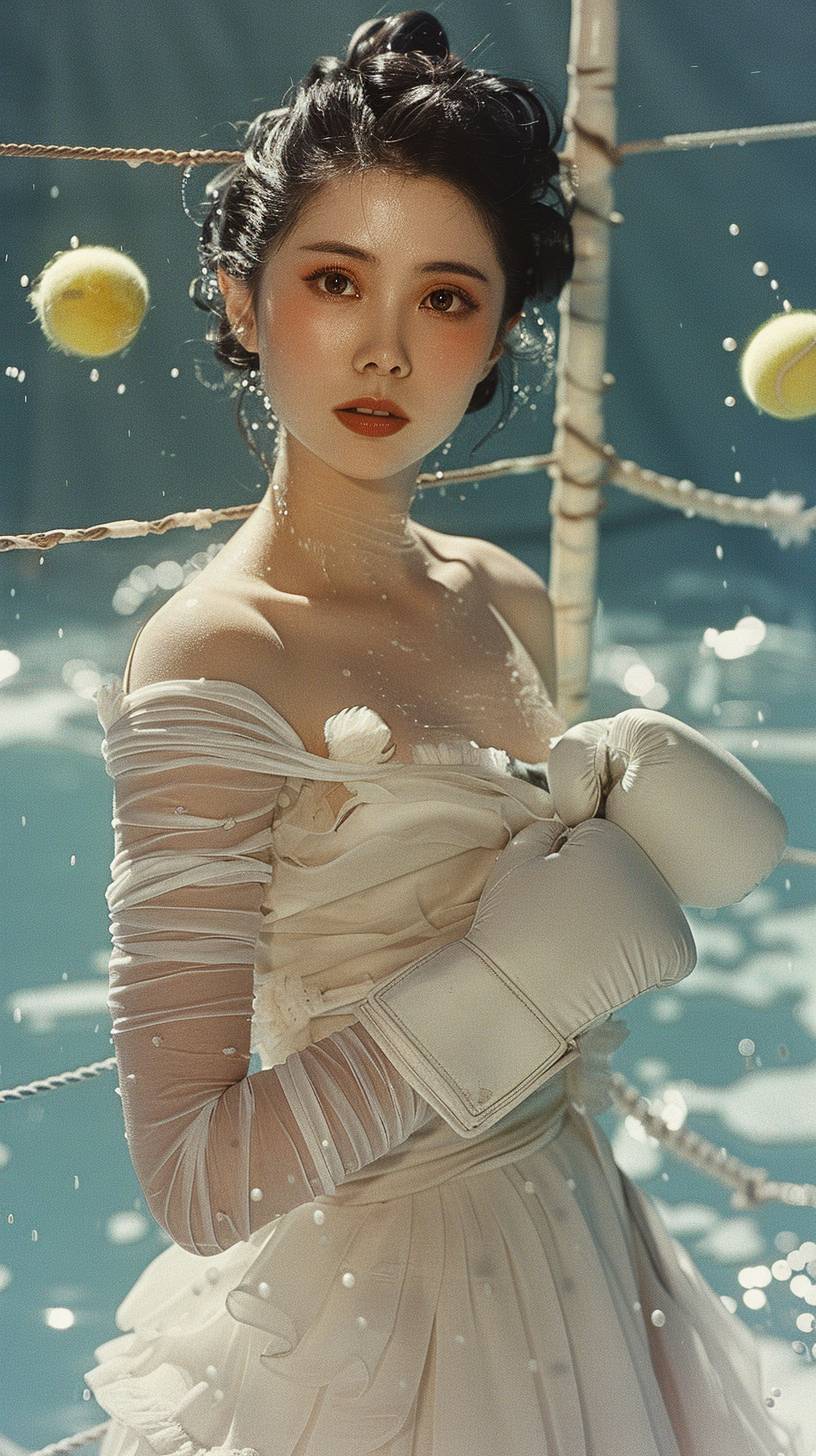 Kodak disposable vintage surreal photo of her wrapped in bandage gauze with Asian features wearing giant cartoon boxer gloves; tennis balls flying from subtle ocean waves behind; she's stuck in a fence in oversized boxing gloves; cartoon patterns; background tennis courts with clay remnants and overwhelming waves.
