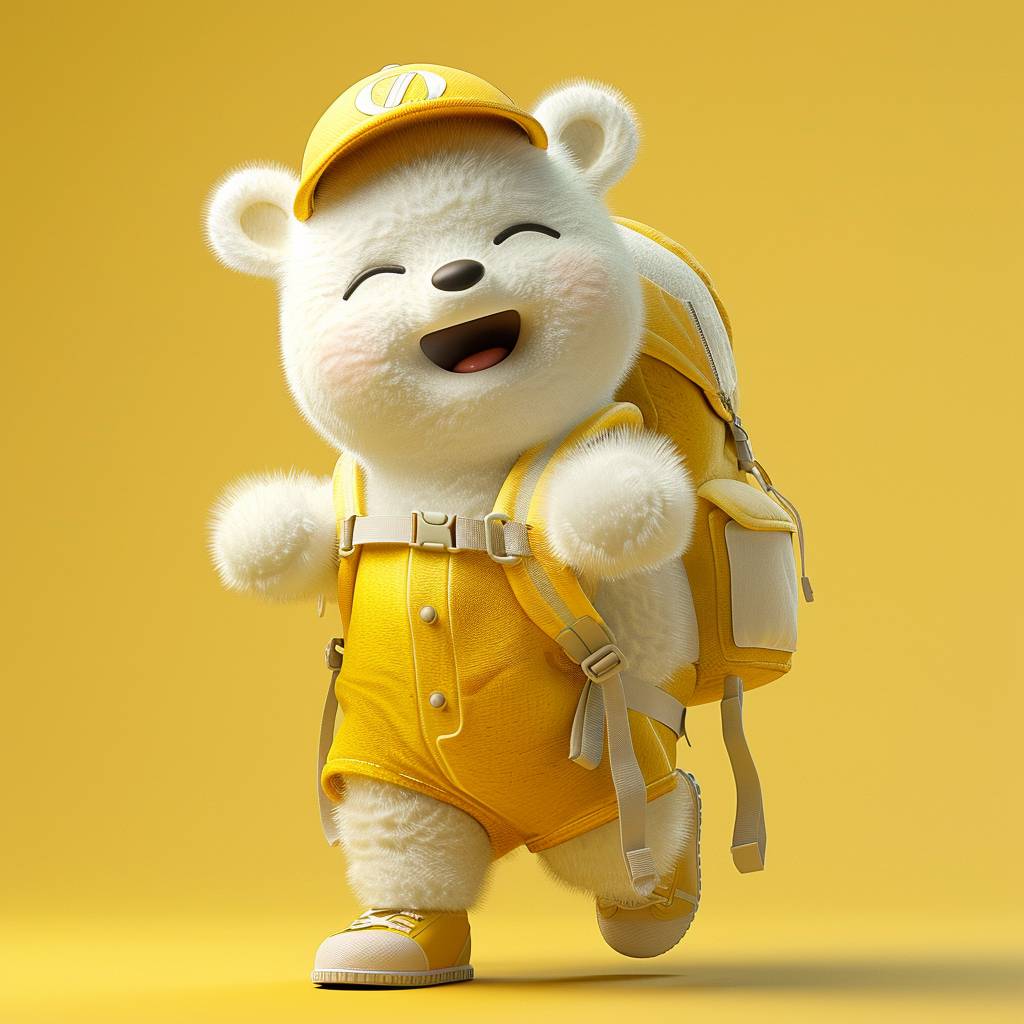 3D character image, baby white bear IP image, Cute white bear wearing a Yellow cap and Yellow jumpsuit, Carrying a backpack to school, laugh, bright scene, solid color background, clean background, front, standing, Disney, full body, Q, 3D, oc renderer, blender renderer. Mattie Foam, Clay material