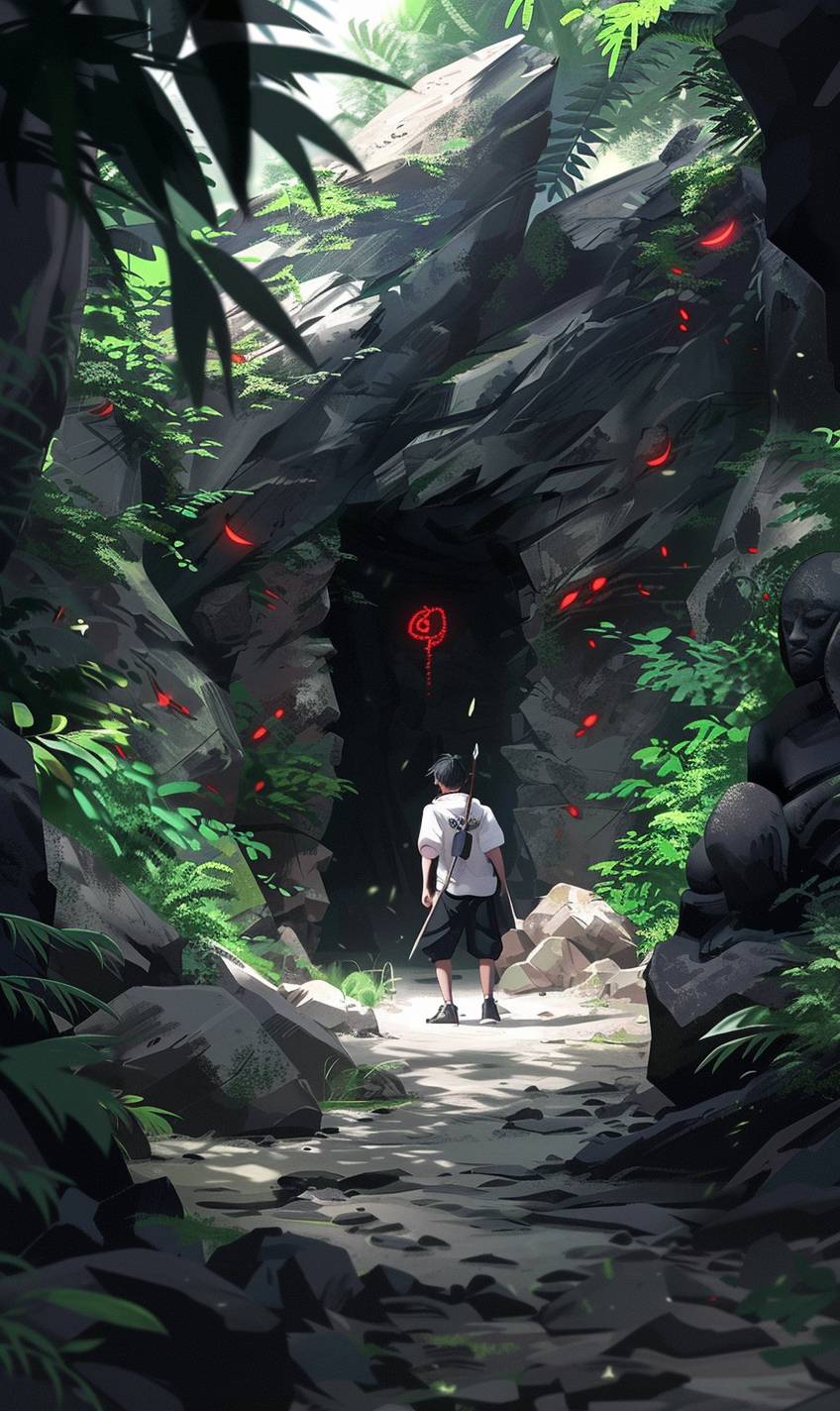 A mysterious explorer discovering an ancient, hidden temple deep in a dense jungle, with glowing runes and mythical creatures guarding the entrance