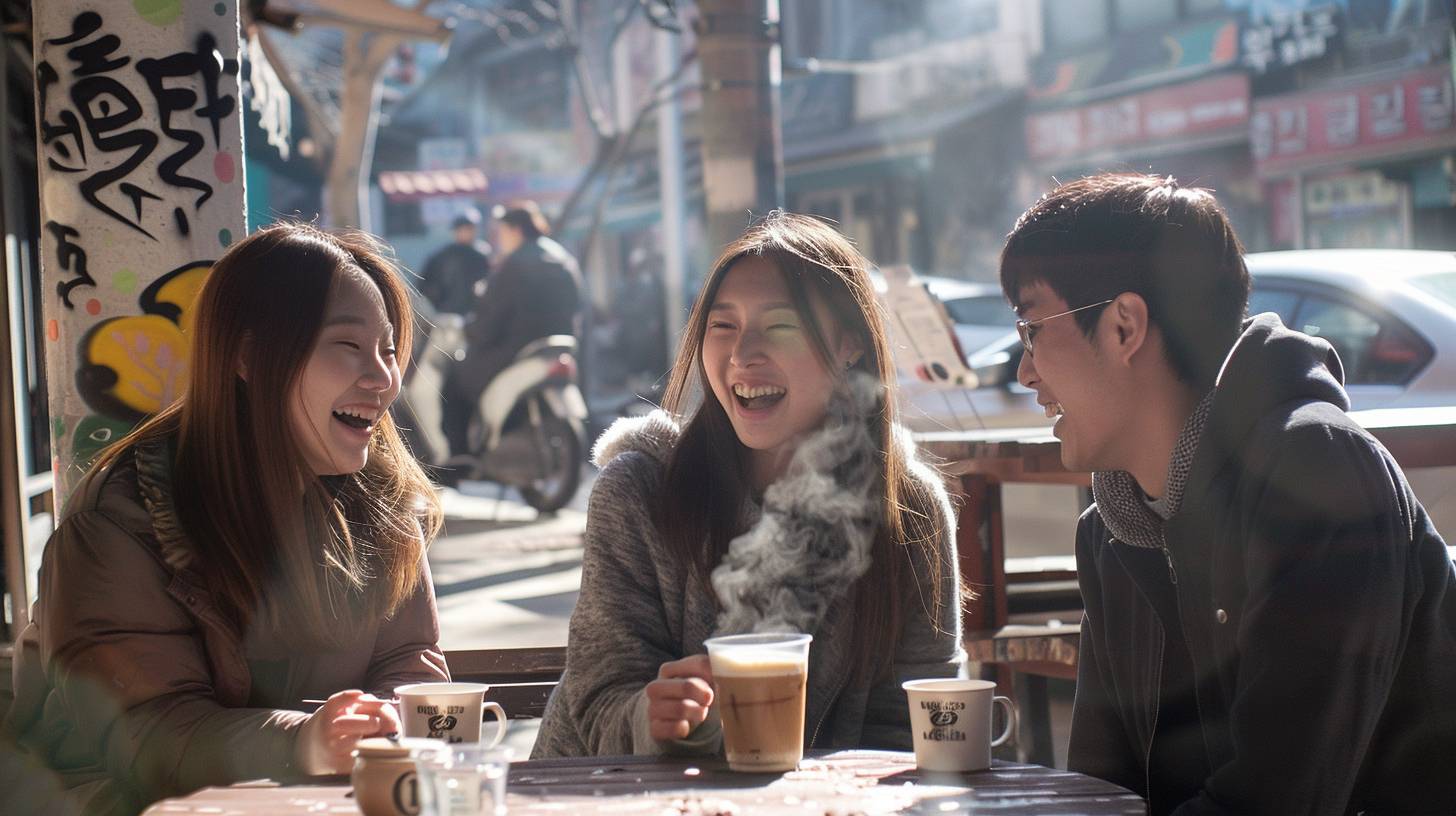 웃음을 나누는 세 명의 친구들. 기쁨과 우정. 서울 홍대 지역의 야외 카페. 2015년 낮 시간. 길거리 예술, 지나가는 현대 제네시스, 다른 고객들. 허리부터 상반신 중속 샷. 캐논 EOS 5D Mark III, Kodak Portra 400 필름으로 촬영. 밝은 햇빛, 커피잔에서 스며 오르는 증기, 고대비.