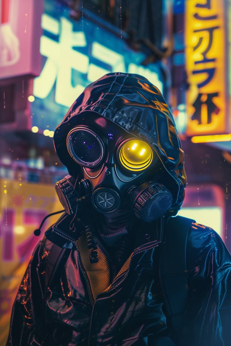 A magazine poster cover with a neo-cyberpunk theme, street-anime art style, featuring a character in a head length view, wearing a high-tech gas mask and cyber goggles, with a vivid yellow background. The background includes abstract geometric shapes and neon signs in Japanese, creating a futuristic urban vibe. Bold and dynamic lighting, with high contrast and neon glow. Created Using: digital art techniques, manga influences, cyberpunk aesthetics, high detail rendering, bold outlines, neon color palette, modern design software, urban street elements, HD quality