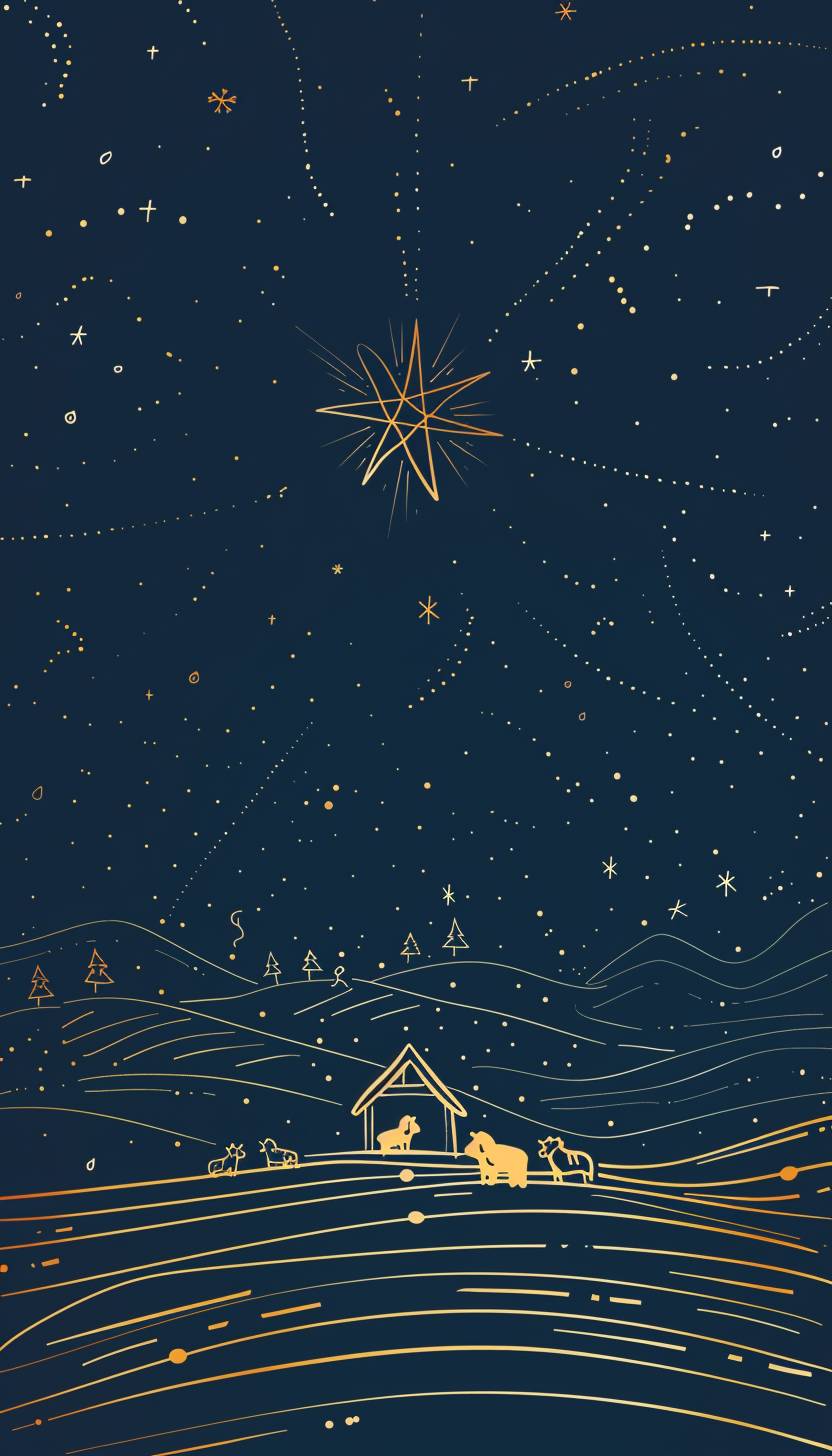 抽象的線画星とキリスト降誕の場面のミニマリストな本のカバーイラスト