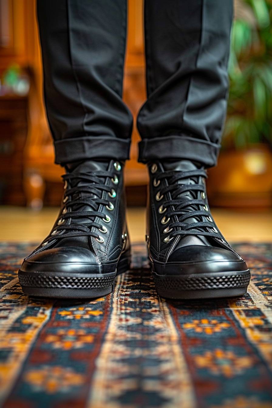 A close-up photograph of a man's foot wearing a black Converse shoe, paired with tailored suit pants, in a formal boardroom setting. He is sitting, and other men's formal shoes are visible in the background. Clean and minimalist style, sharp focus, natural lighting, professional atmosphere, HD quality, natural look.