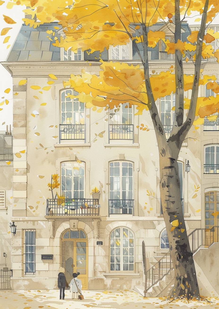 Watercolor, Parisian Art Nouveau style architecture, charming scene of old building with arched doorway and large windows in light beige and gray style, people walking under yellowing gingko tree, light colors, gentle soft light tones, gingko tree plays supporting role, pale yellow leaves, children's book illustration, Charming character illustration, white background, low angle shot of entire building, super detail, intricate detail, high resolution, 30K