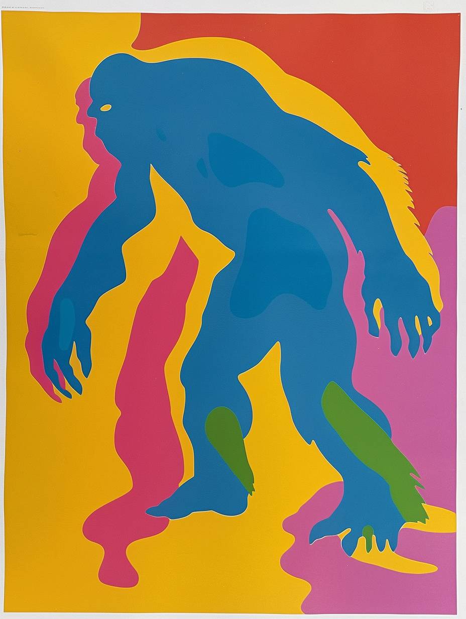 Sasquatch, silkscreen printing, retro poster art, Milton Avery style, simple/minimal, 1960's, bright and vibrant, funky/groovy, cloudy/bloated forms, flat shapes, simple/minimal, hand-crafted art, plain background