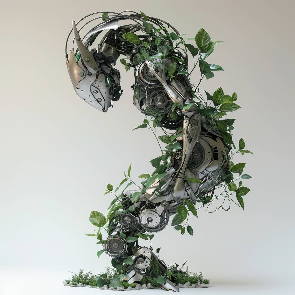 バイオメカニカル[SUBJECT]、有機とロボット要素を融合し、金属の葉やギア駆動の茎、詳細を緻密に表現したもの