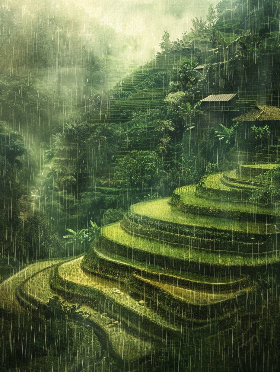 Grain Rain, terraces, raining, hyper-realistic style, photographic lens
