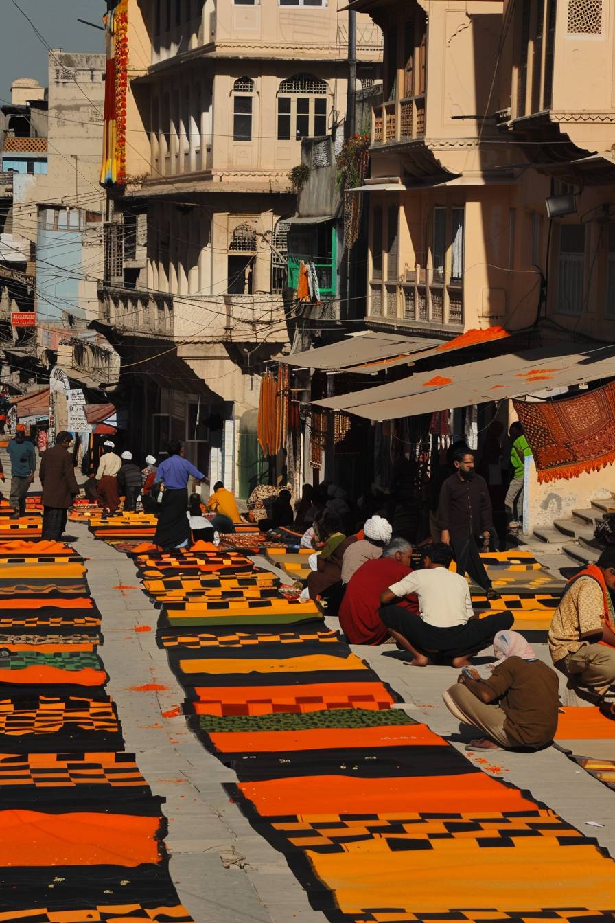 A bustling, colorful street market in an exotic, far-off land, with vibrant fabrics, aromatic spices, and lively traders.