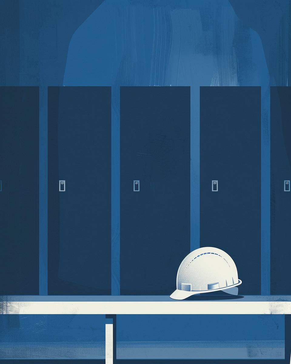 A minimalist poster illustration of a hard hat sitting on a bench in a locker room. The simple background uses sapphire blue to complement the theme. The illustration is in the style of a minimalist artist.