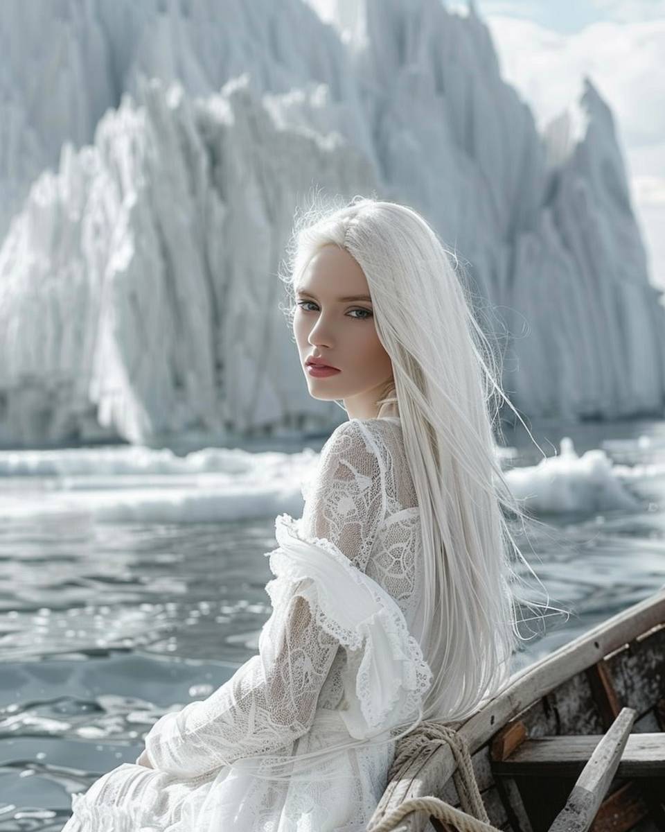 美しい白い服を着た美しい少女が白くて長い髪を持ち、船に乗って白い山々が背景に広がる風景写真で、白い色が非常に支配的です。霧はありません。アスペクト比は4:5、絞り値は6.0です。