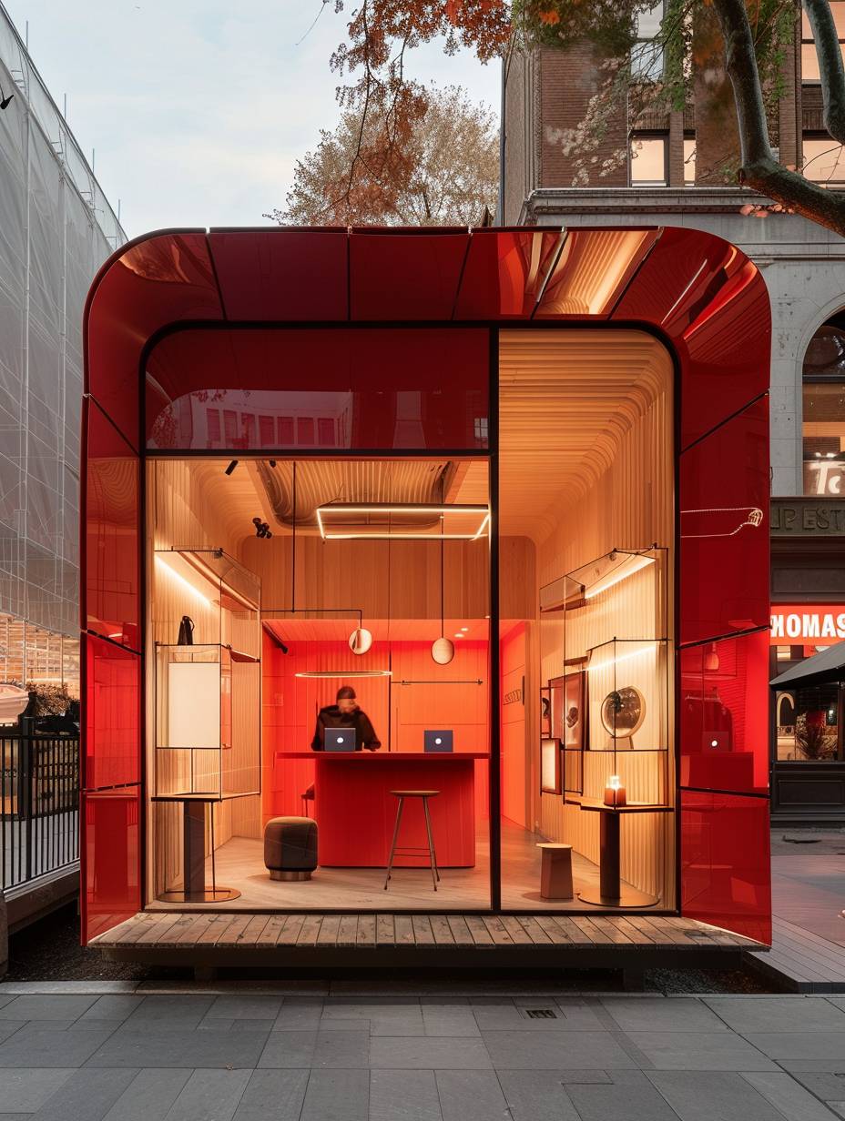 Wide angle photo of a red pop-up shop taken from a distance, photorealistic, shot on Arri Alexa