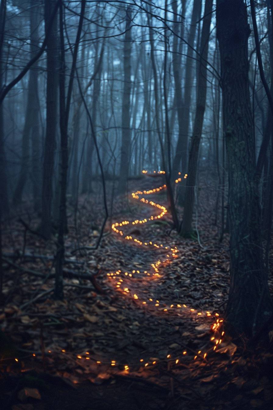 In the style of Scarlett Hooft Graafland, Fairy lights leading the way through a dark forest
