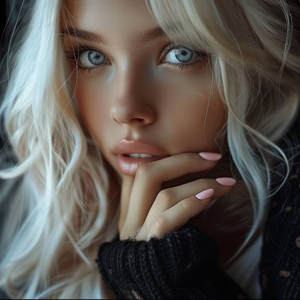 A woman with long blond hair and pink nails, in the style of light black and light beige, Cluj school, expressive eyes, webcam, soft edges, Allyson Grey, dreamlike quality