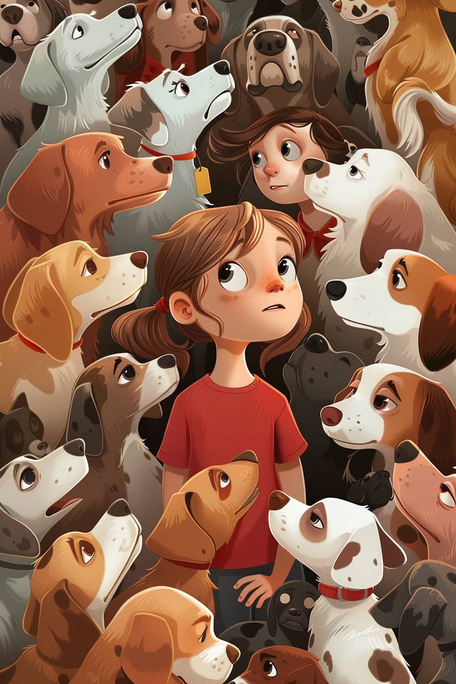 A simplistic Pixar style portrait of a young 9-year-old Caucasian girl with sandy blondish-brown hair standing surrounded by lots and lots of dogs of all different breeds, shapes, and sizes in a Pixar cutesy style