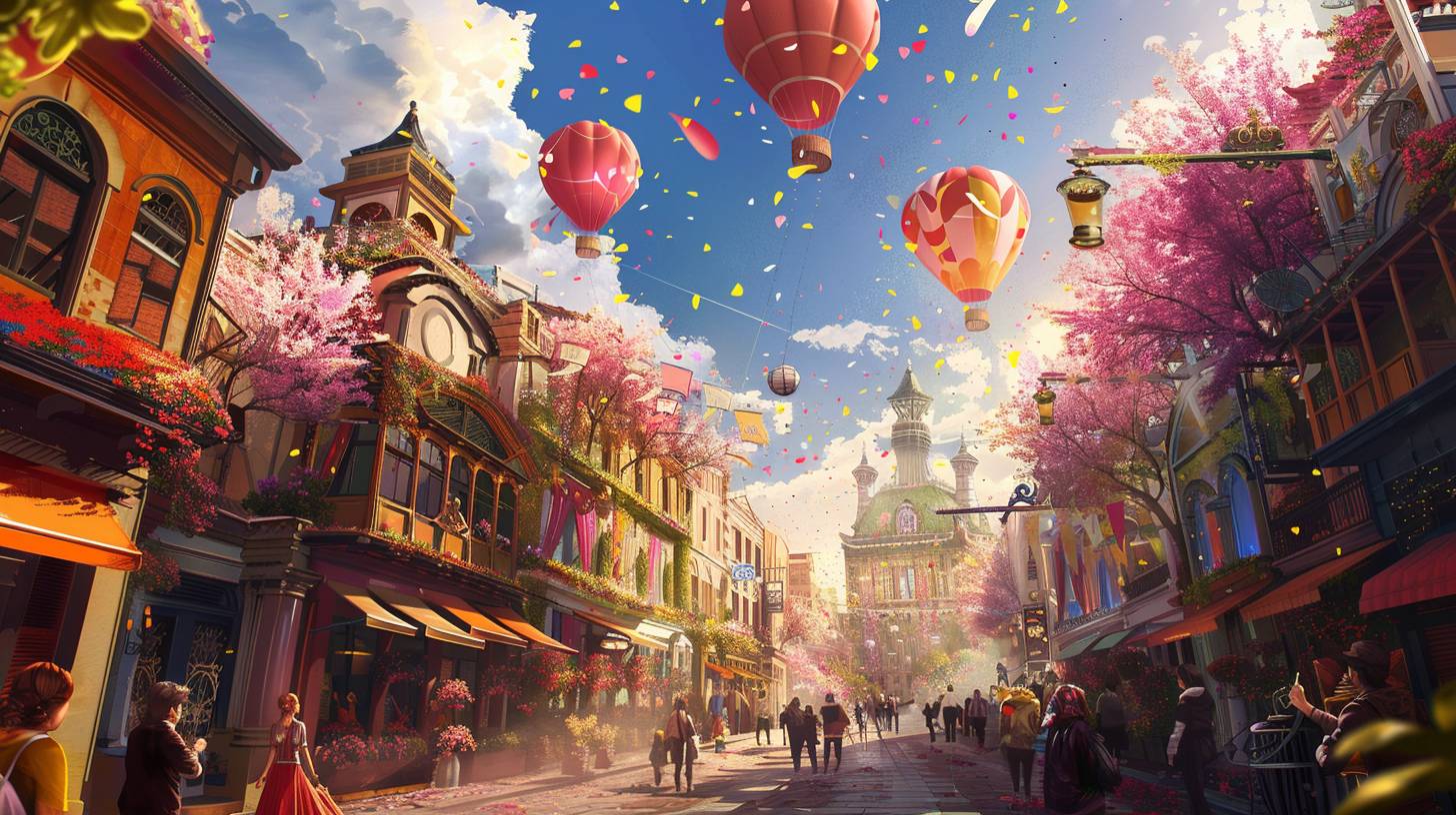 A whimsical cityscape where giant balloons release colorful confetti and melodious chimes each morning. People in vibrant clothes enjoy the streets, surrounded by blooming flowers and buildings painted with luminous, shifting hues responding to sunlight --style raw --ar 16:9 --v 6.0