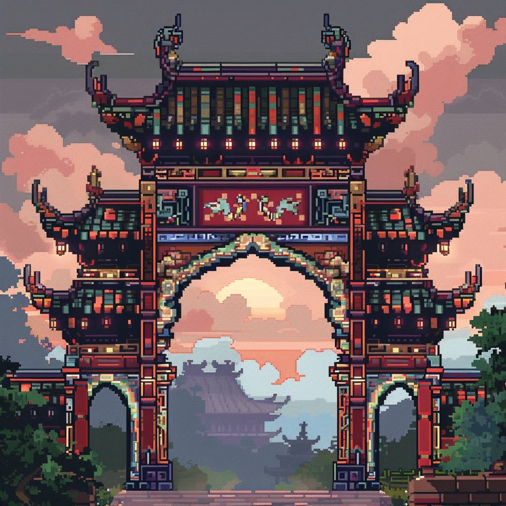Chinese gate, style of owlboy pixel art