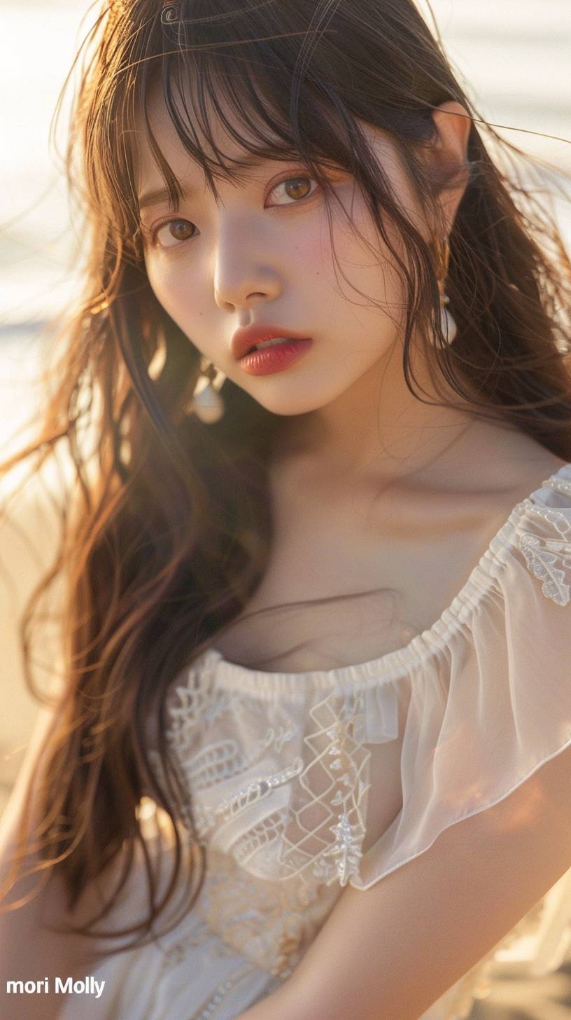 A photo of an Instagram profile page for 'mori Molly' from Japan, featuring the beautiful Japanese actress Mori Hamm Hashedima with long hair and bangs, wearing a white dress. She is posing on a beach in summer, with soft lighting, warm colors, a natural look, real skin texture, and realistic photography, shot using a Canon EOS R5 camera, in the style of Mori Hamm Hashedima.