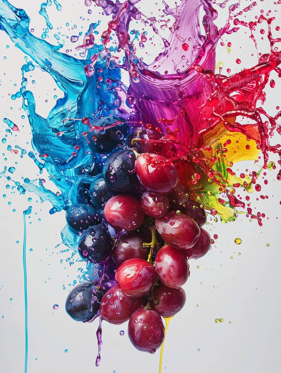 graffiti painting, 【Malic centric notes of red grape, Red apple, balanced with refreshing lemon peel and floral oolong tea.】, 【White Background】, oil splash, rainbow color, shadow. rubber, volumetric lighting, pulp painting, image realism, wide color lighting, cinematic lighting, backlight