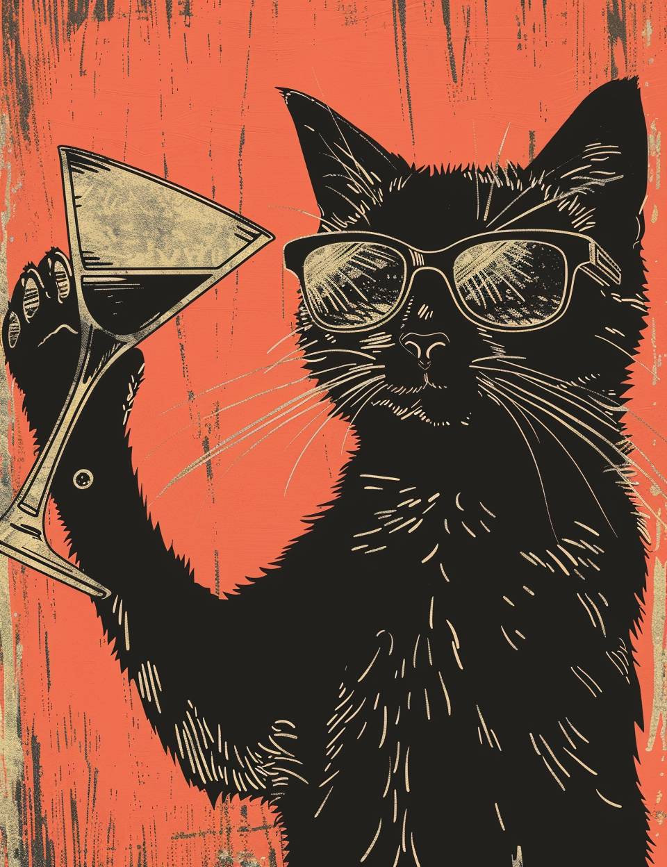 1970年から現在までのミニマリストなグラフィックデザイナーのスタイルで、マルゴス、ねじれたキャラクター、原子中世紀の背景、ポストインターネットアートを飲むサングラスをかけた黒猫