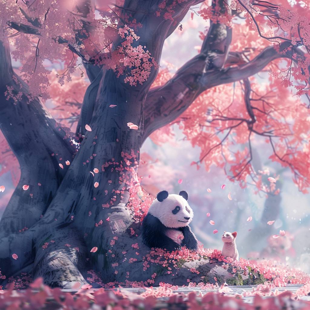 Under a huge cherry blossom tree, there is a lonely elderly panda and dog and cat, with cherry blossoms on the ground. The feeling of light and spring, the artistic conception of beautiful movies, surreal style, high quality, high-definition, film, and minimalist background