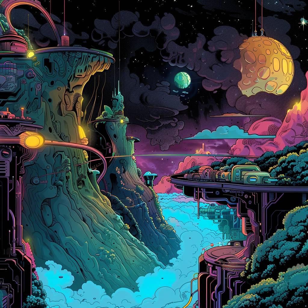 In the style of futuristic contraptions, detailed colorful comic, light black and [COLOR], detailed comic book art, luminescent color scheme, detailed illustration, nature, surreal