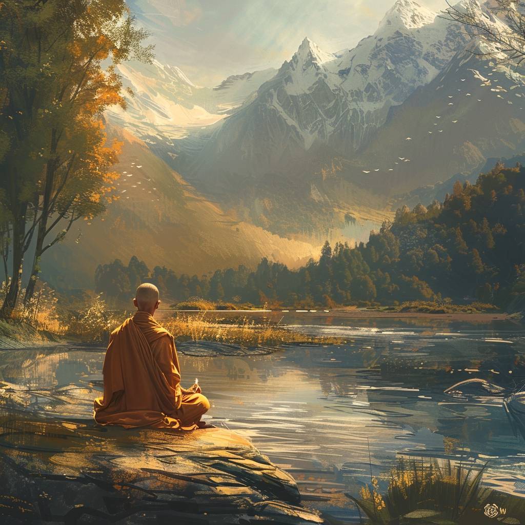 Monk in saffron robes, meditating by a river. Serene expression. Barefoot. Himalayan foothills. Early morning. Snow-capped peaks, a prayer wheel spinning nearby. Medium shot, full body. Soft lighting, sun rays filtering through the trees. Tranquil ambiance.