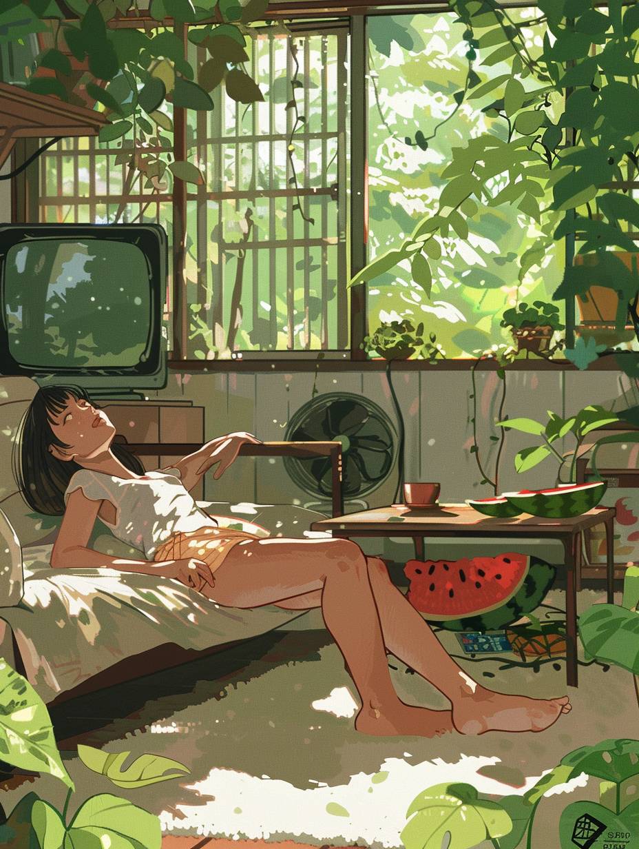 A cute girl is lying on the carpet in the living room. The scene is a sofa, a coffee table, a TV playing cartoons, a fan, a cut watermelon on the coffee table, and green leaves outside the window. In the hot summer, Live-action style, realistic, Ghibli-style --ar 3:4 --style raw  --v 6.0