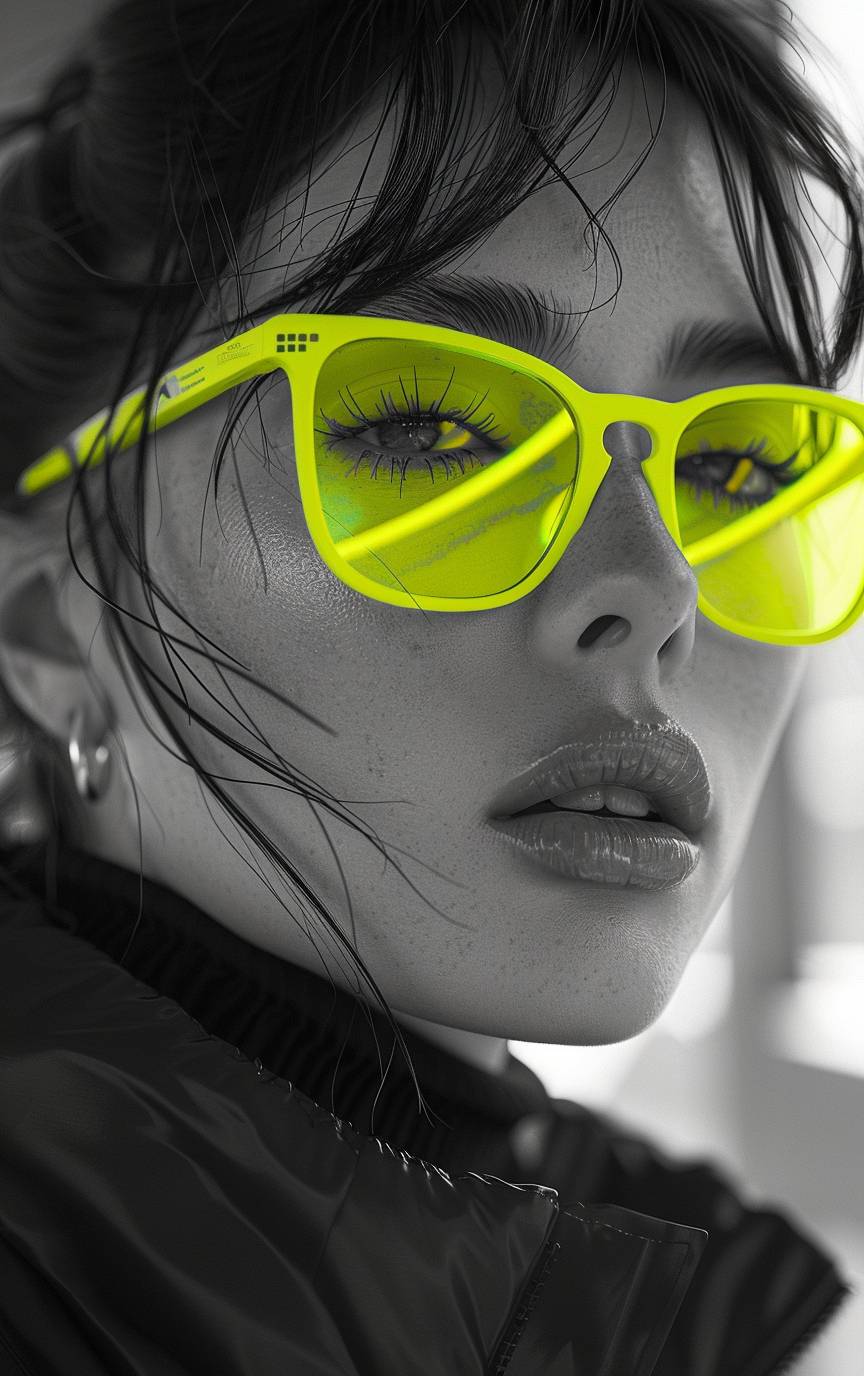 Black and white photo of a woman with neon jade yellow eye makeup wearing a black coat and black Adidas jacket, beautiful face, 4k, flash photo, 4k unreal engine --ar 5:8 --stylize 750  --v 6.0