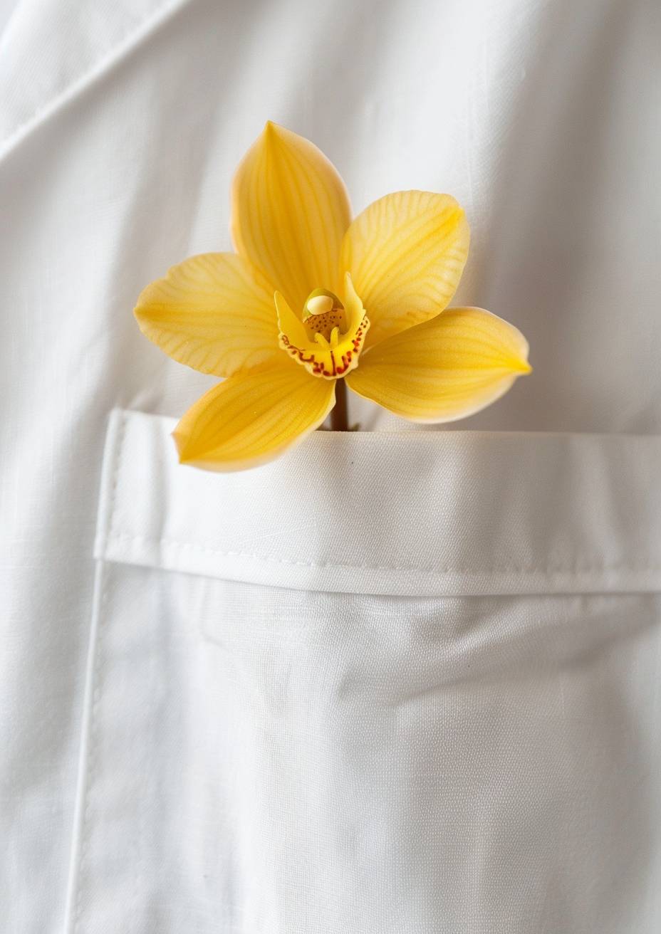 A symmetric minimalist close-up photo of a warm yellow orchid flower in the chest pocket of a doctor's professional white uniform, set against a pristine solid white background. Sharp focus.