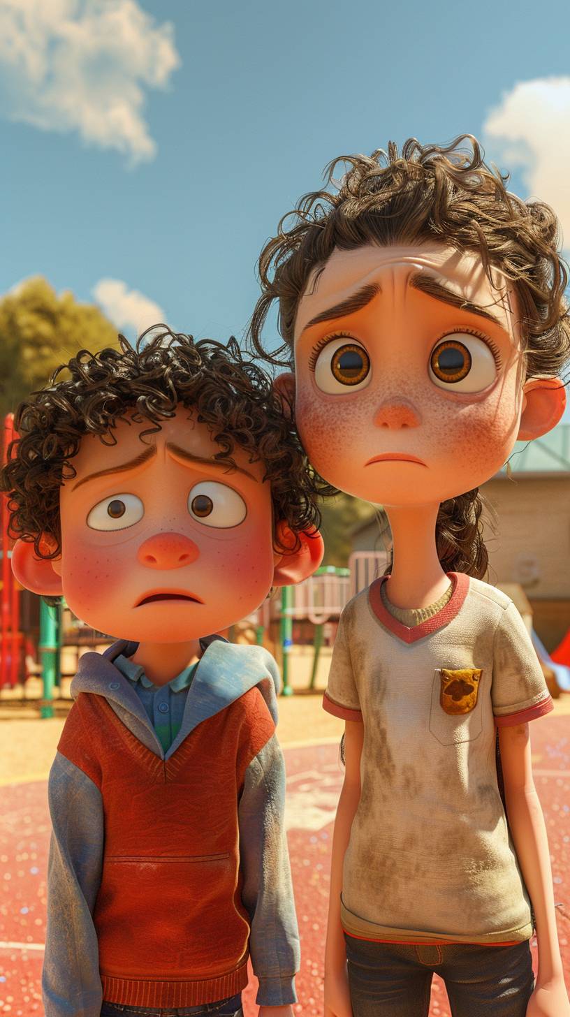 Long distance wide angle view, front view, a brave girl stands in front of a sad young boy. The boy has a very round curly haircut and they are at the playground at school. Cartoon characters in the style of 3D Disney Pixar animation, 8k, 3D style, 3D art