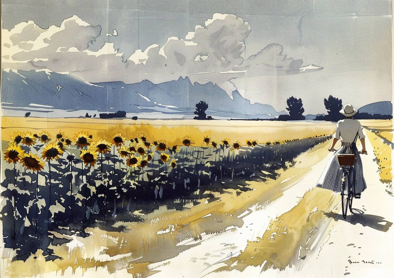 A French woman walking her bicycle, a field of sunflowers along a dirt road