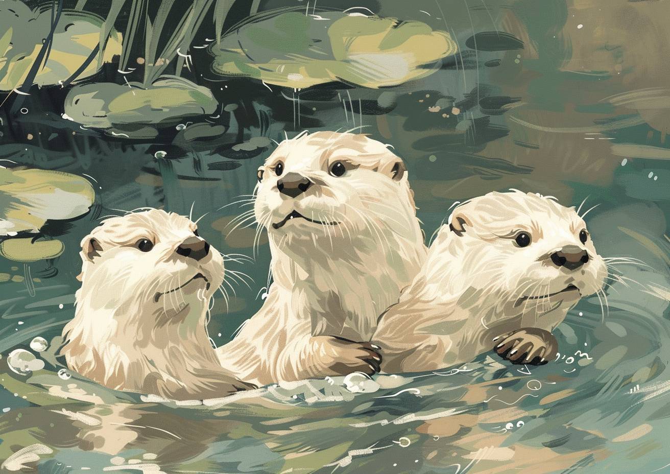 a drawing of playful otters in a river, in the style of pastel markers, quirky character design, pastel oil, subtle tones, cute core, polychromatic