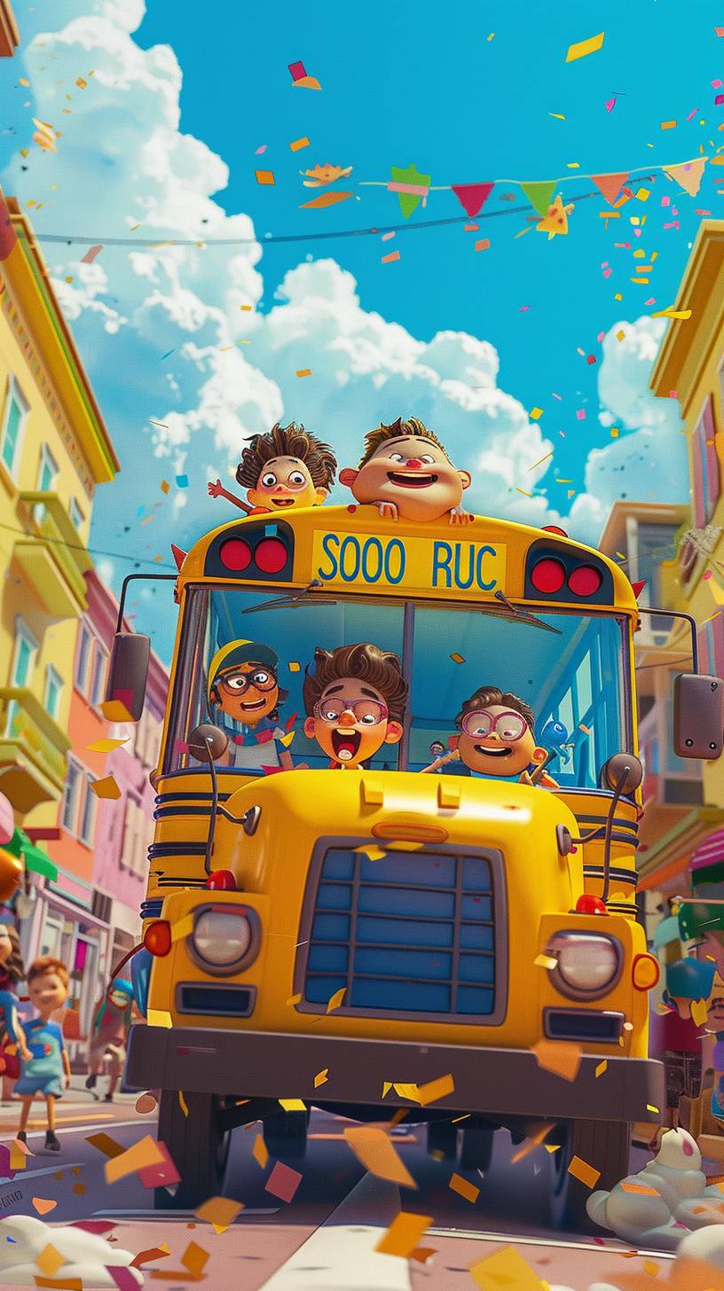 An illustration of a yellow school bus is in the middle of a town with some cute happy babies and a female bus driver wearing a driver’s hat on the bus. Animation style by Pixar, vivid colors, cheerful and cute mood