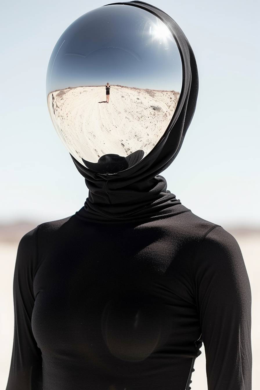 黒いストリートウェアを着た男性が、反射クローム製のドロップで頭を覆い、未来的でスペキュラな反射が映る。白い背景、砂漠の夕暮れ時、柔らかい光、超写実的、35mmフィルムで撮影。