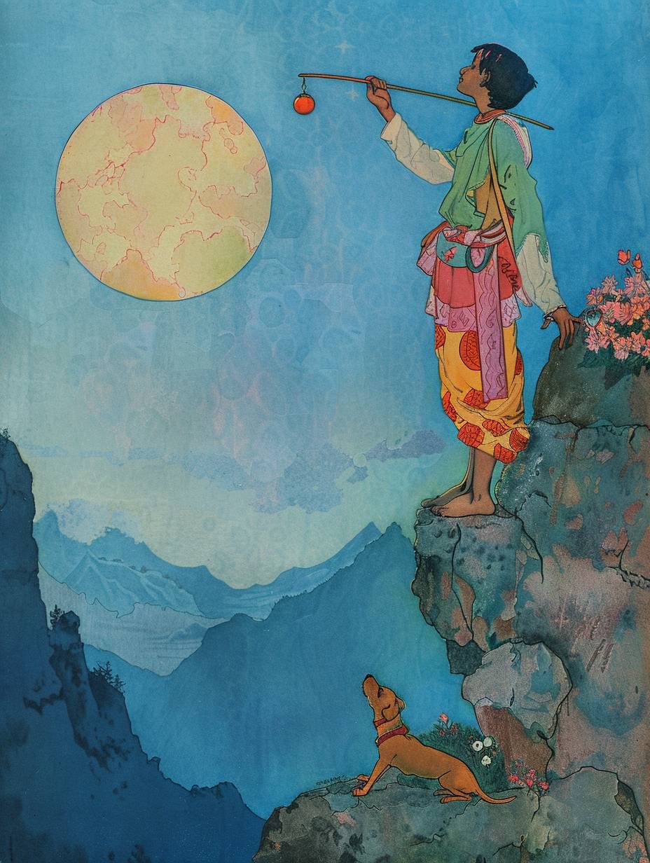 A young man in colorful clothing, carrying a small bag on a stick over his shoulder, standing on the edge of a cliff. He appears carefree, looking up at the sky, with a small dog playfully at his feet. Background: a bright sun in a blue sky with distant mountains. Illustration by Edmund Dulac, Kaye Nielsen and Alphonse Mucha. Dark Gothic colour scheme.