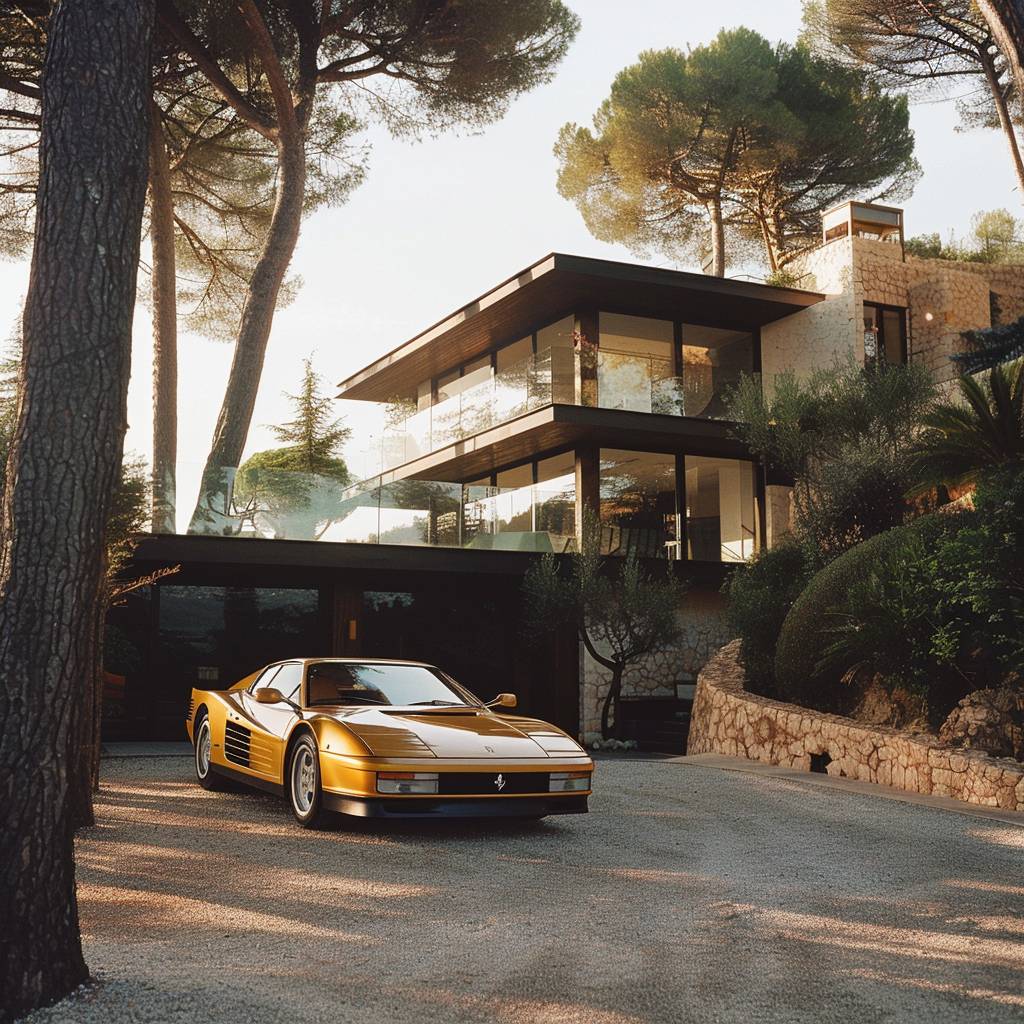 35mm photo of a modern house in France with a dark yellow Ferrari Testarossa on the driveway. Shot on expired --v 6.0