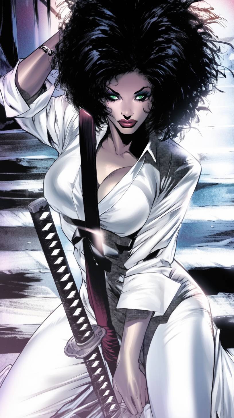 An afro girl with green eyes holding a katana in Frank Miller's Sin City style, presented in black and white comic-noir aesthetics, film noir atmosphere, high contrast, duotone, shiny eyes, captivating gaze, foreshortening techniques, sharp angles