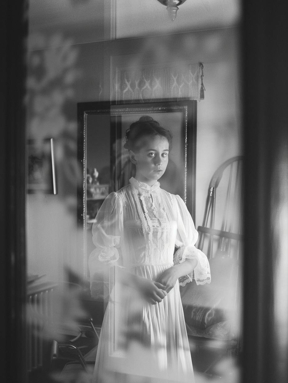 ヴィクトリア時代のドレスを着た若い女性の保育士の透明な幽霊がカメラを見つめて小部屋の中に現れています