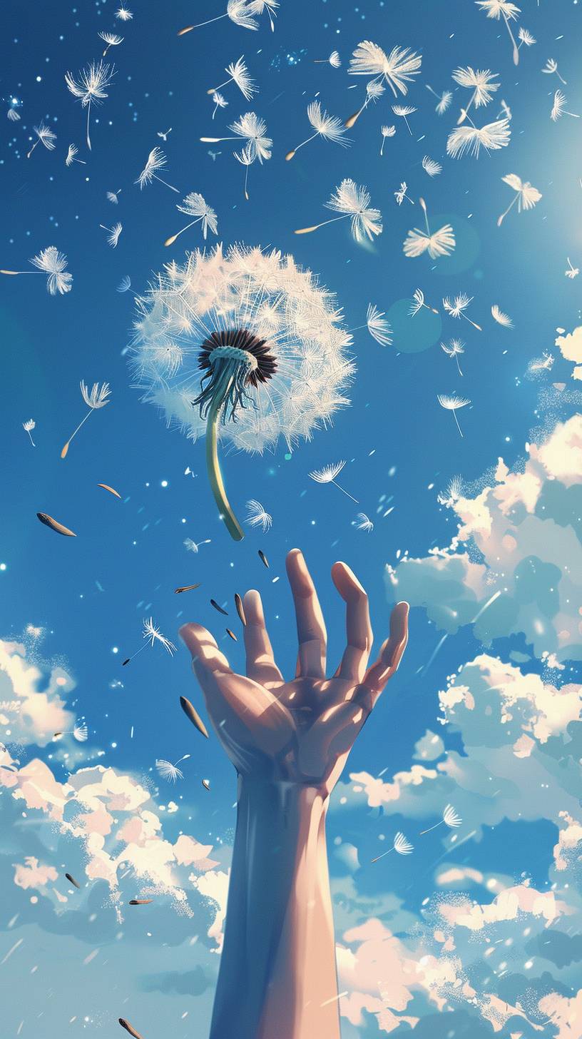 青空に舞うたんぽぽの種子を持つ手のアニメ風イラスト。