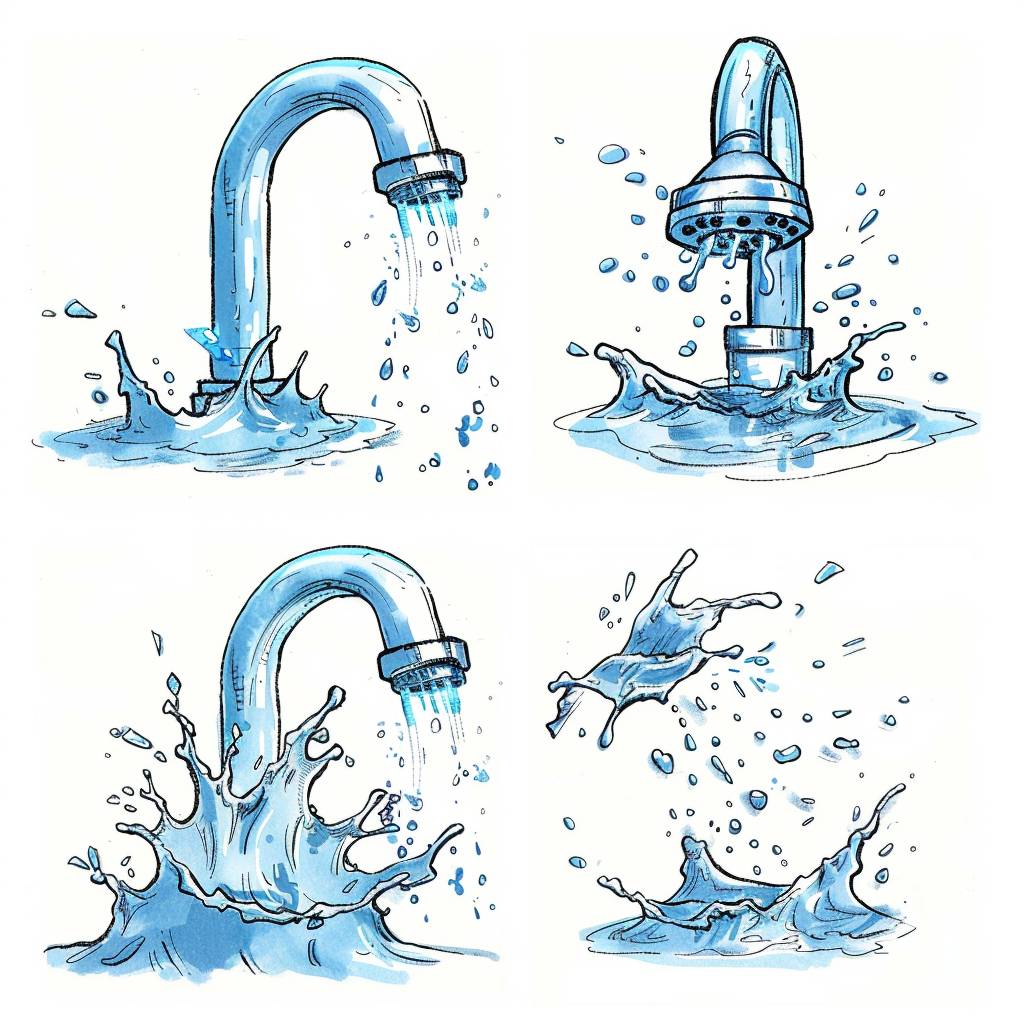 4 frame sprite sheet of water flowing out of tap, animation style, white background