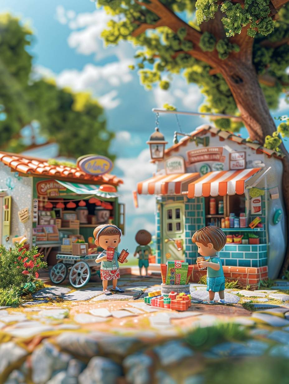 3D miniature scene, summer, countryside, tiled houses and small shops, under big trees, neatly displayed goods, children drinking soda and eating popsicles, happily chatting and laughing. Bright colors, bold color schemes, miniature landscapes with the sky as the background, and dreamy realism style scenes are all rendered using wide-angle lenses and depth of field, creating a paper art illustration style with axial shift photography effects and ultra clear details. The colors are bright, the color scheme is bold, and the foreground is blurry --no fruit tree --ar 3:4 --stylize 250  --v 6.0