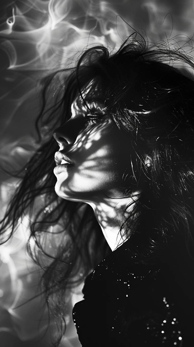 Silhouette of gothic girl in the background, black and white light on the face, photography in the style of high fashion, movement, lights everywhere, abstract shadows