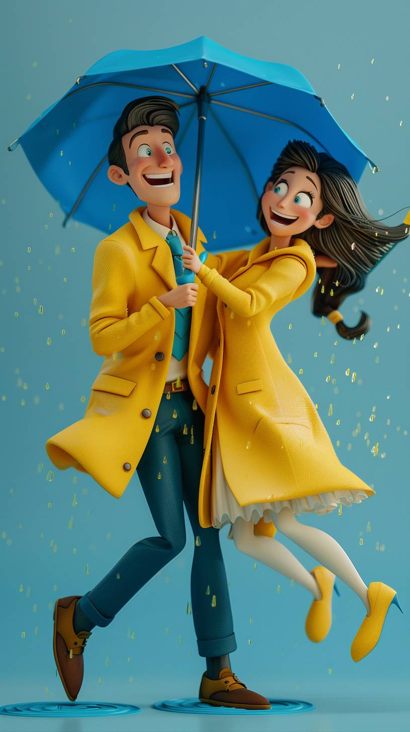 Character design, full-body, Disney Pixar 3D animation style, man and woman wearing yellow raincoat, holding blue umbrella, happy moment, blue background, cinematography--aspect ratio 9:16, version 6.0