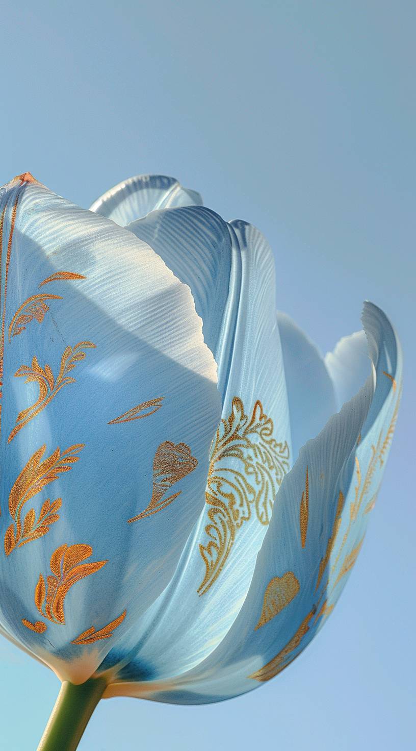 Blue tulip petals with an embroidered pattern in gold, set against the backdrop of blue sky, captured from below. The photo was taken in the style of Canon EOS R5 and has a closeup perspective. It is a high quality image with intricate details.