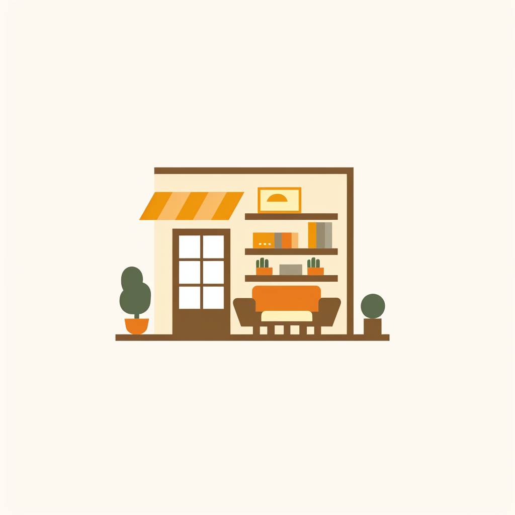 Beautiful interior shop logo, warm colors, combinational design, vector format, simple, low on details, flat, smooth, minimalistic, white background, Paul Rand style