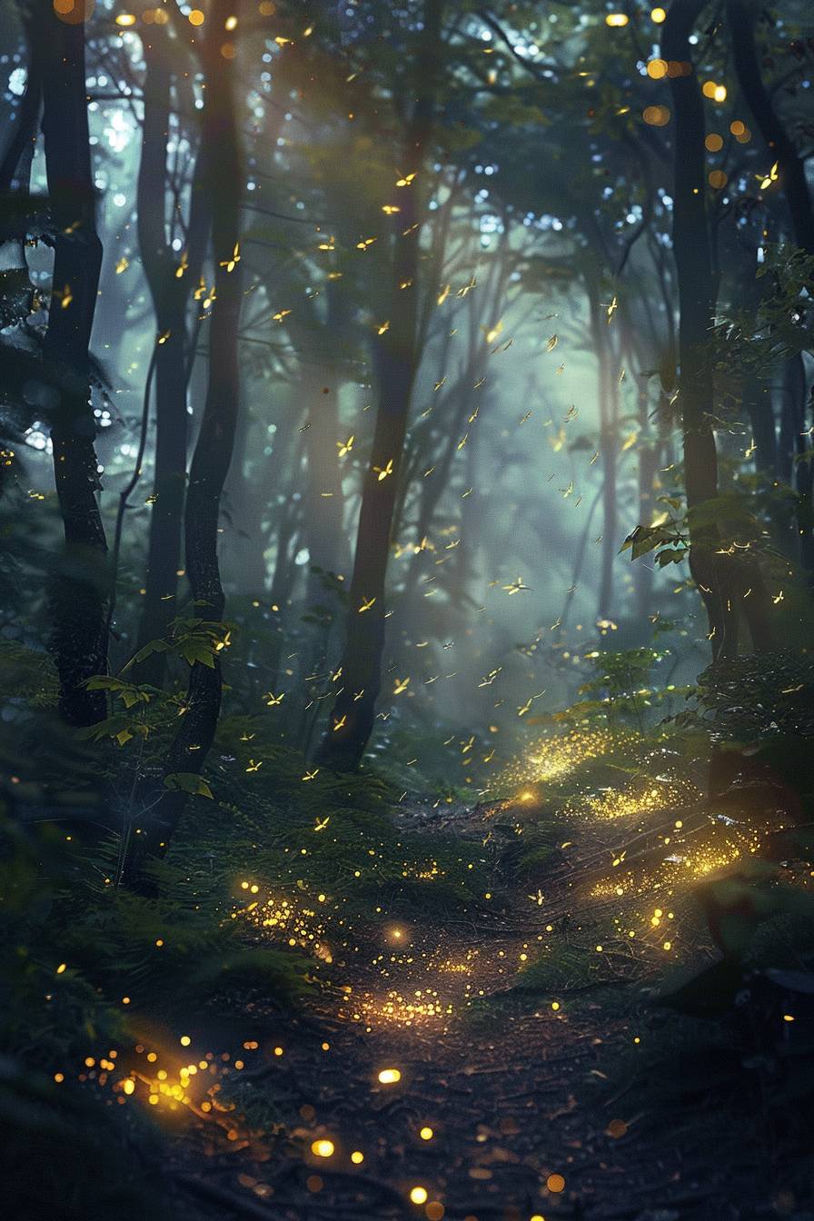 In the style of Harold Edgerton, a mystical forest with glowing fireflies