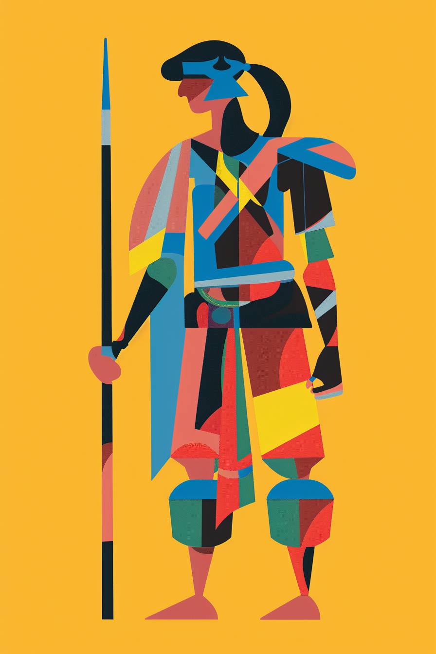 In the style of Etel Adnan, warrior character, full body, flat color illustration