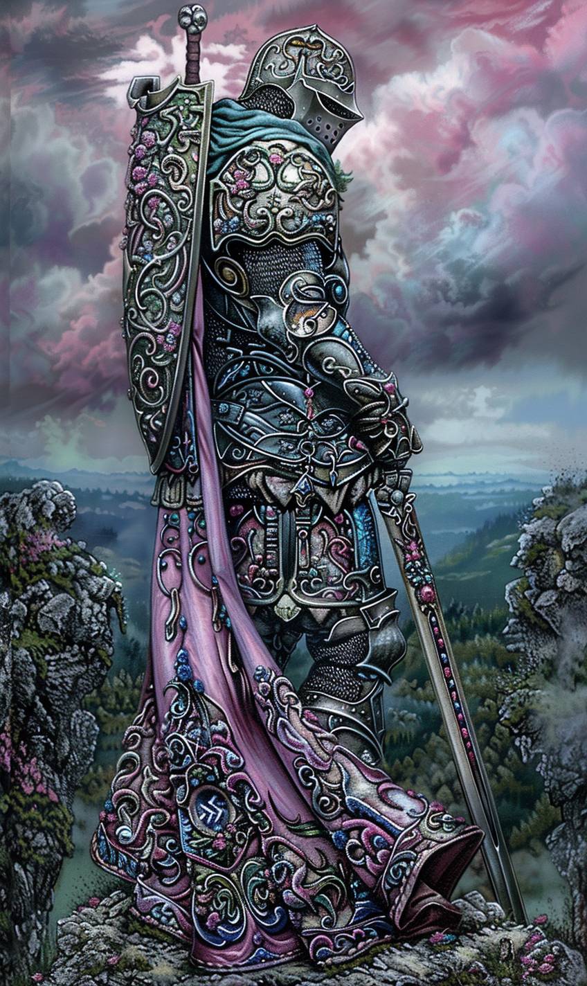 輝く鎧を身にまとった勇敢な騎士が、壮大な戦場を一望する丘の上に立っている。劇的な夕日が長い影を落としている
